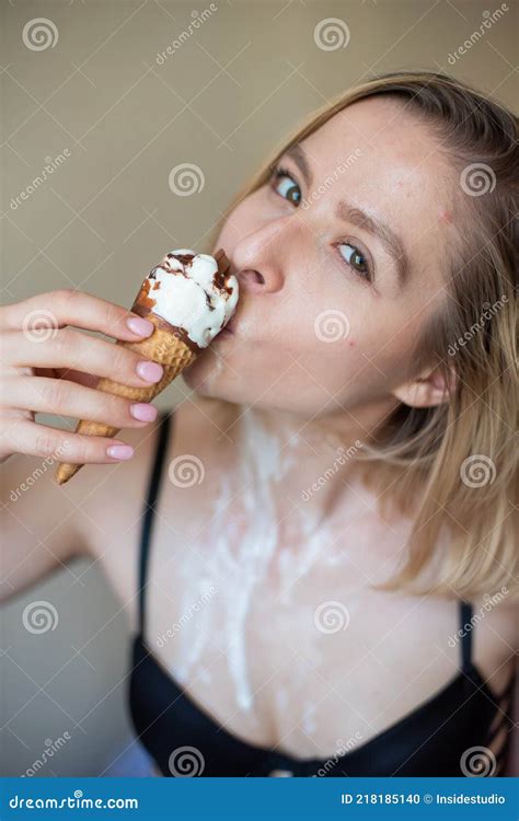 Blonde Licks A Waffle Cone Ice Cream Is Melting Erotically Draining Through The Body Of An