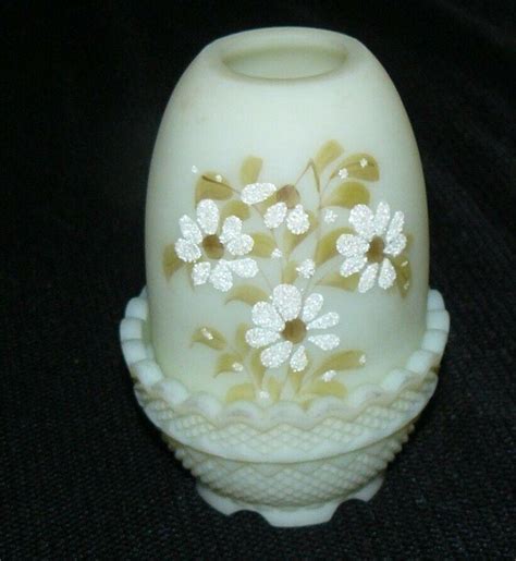 Vintage Fenton Satin Custard Glass Fairy Lamp Hand Painted Daisies