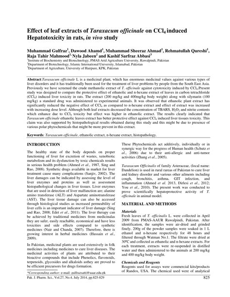 Pdf Effect Of Leaf Extracts Of Taraxacum Officinale On Ccl 4 Induced