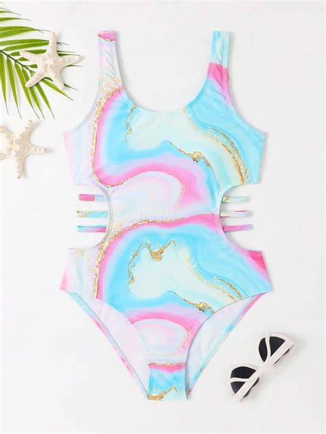 Shein Teen Girls Marble Print Cut Out Side One Piece Swimsuit Shein Usa