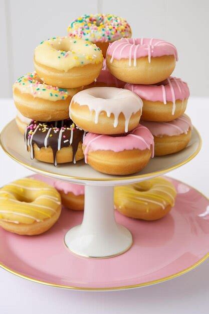 Premium Ai Image A Stack Of Doughnuts With Pink Icing And White Icing