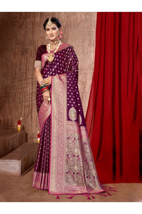 Wine Banarasi Silk Woven Saree