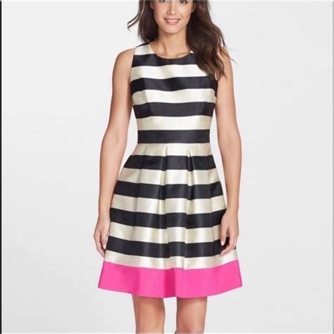 Eliza J Cream Black Pink Striped Fit Flare Dress Gem