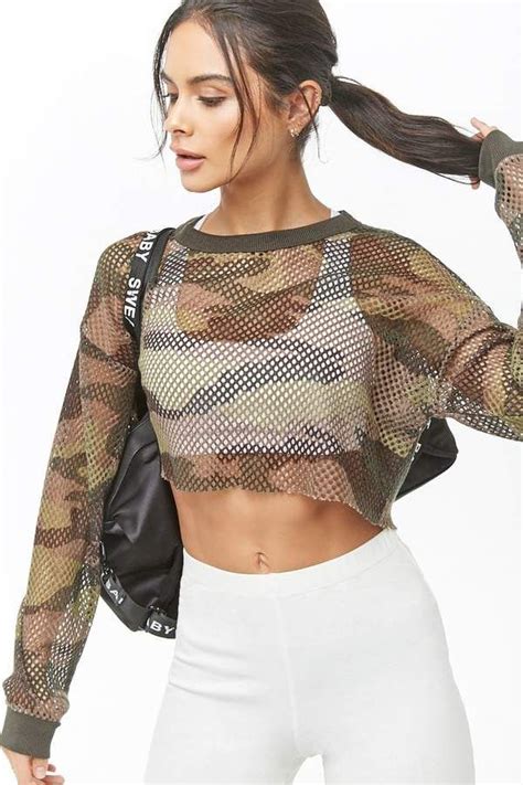 Forever 21 Active Camo Sheer Mesh Crop Top Mesh Crop Top Crop Tops Workout Crop Top