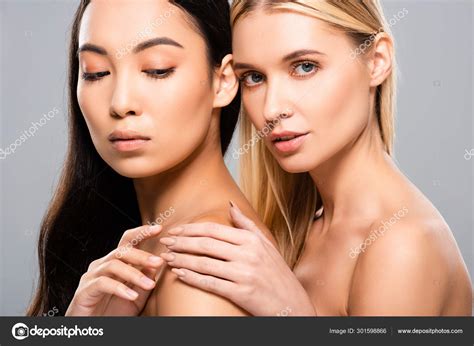 Sexy European Blonde Asian Brunette Naked Women Isolated Grey Stock