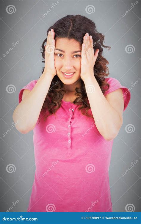 Composite Image Of Cute Brunette Having Headache Stock Image Image Of Camera Head 63278097