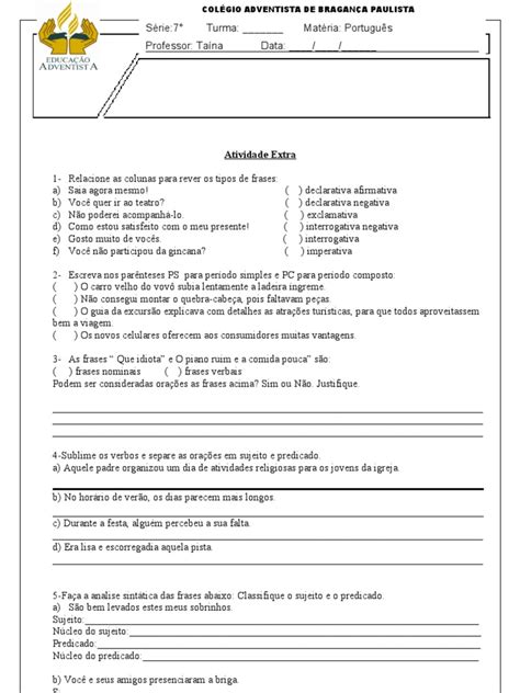 Exercícios Tipos De Frases 7o Ano - Atividades sobre Tipos de Frases 7º Ano | PDF | Casa e Jardim