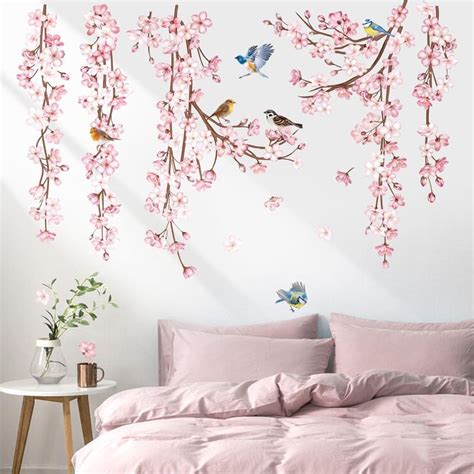 Decalmile Cherry Blossom Flower Vine Wall Decals Hanging Floral Tree