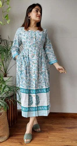 Multicolor Jaipuri Printed Cotton One Piece Dress 34th Sleeves Party