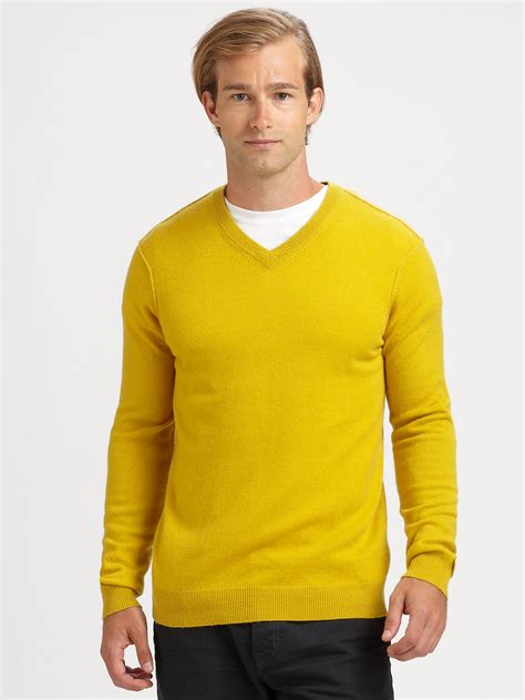 Lyst Vince Cashmere V Neck Sweater In Yellow For Men