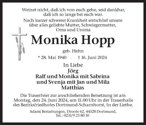 Traueranzeigen Von Monika Hopp Sich Erinnern De