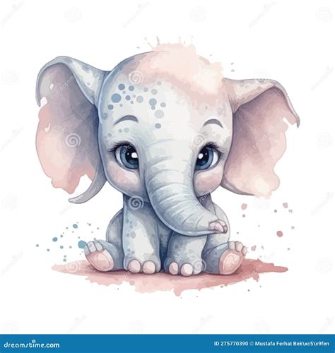 Cute Cartoon Kawaii Baby Elephant Watercolor Illustration Stock Vector