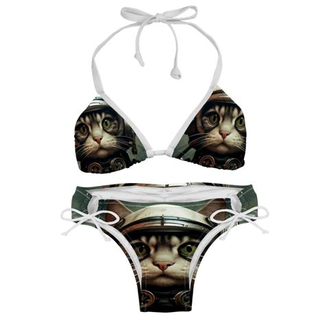 Retro Cat Detachable Sponge Adjustable Strap Bikini Set Two Pack