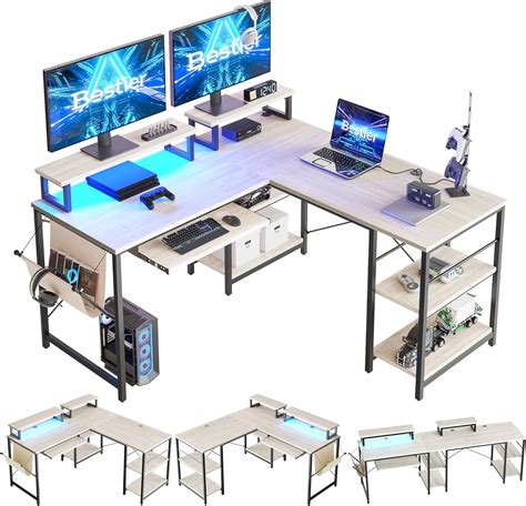 Buy Bestier L Shaped Office Desk With Led Light 95 2 Inch Gaming Corner