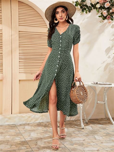 Ditsy Floral Button Through Dress Summer Dresses Womens Floral Dress