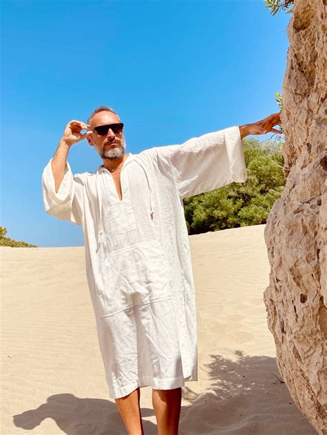 Mens White Caftan Cotton Gauze Kaftan For Men Mid Calf Caftan Pool