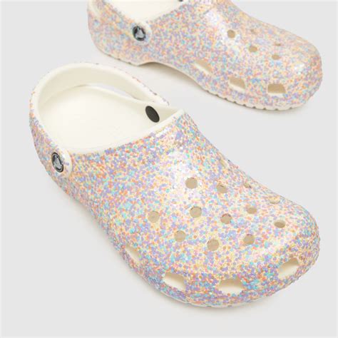 Womens White Crocs Classic Glitter Clog Sandals Schuh