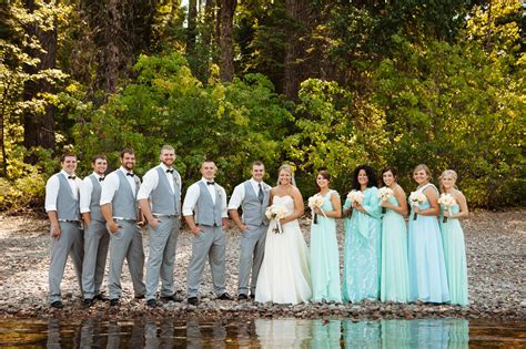 Turquoise Bridesmaid Dresses and Gray Groomsmen Suits