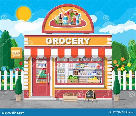 Grocery Store Front with Window and Door. Stock Vector - Illustration ...