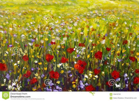 Red Poppies Flower Field Oil Painting, Yellow, Purple and White Flowers Artwork Stock Photo ...