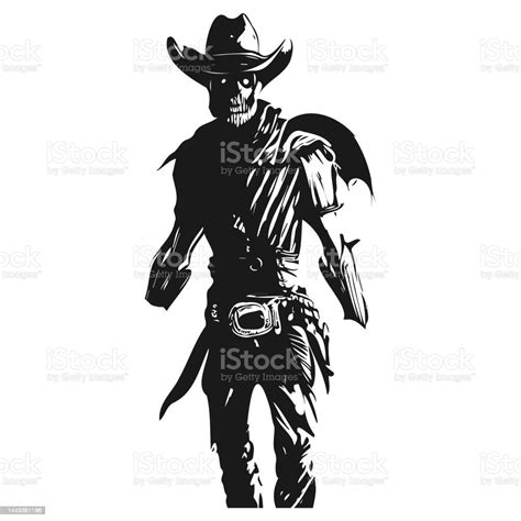 Badass Koboi Kerangka Tato Tangan Digambar Vektor Hitam Putih Clip Art