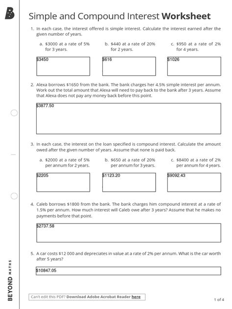 Simple And Compound Interest Worksheet Interactive Pdf Interest Compound Interest