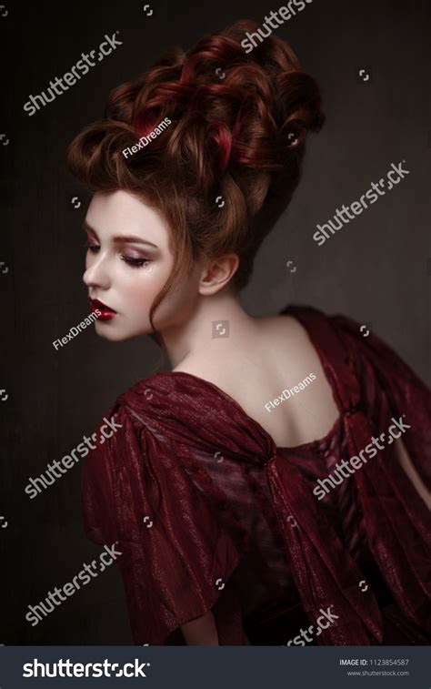 Portrait Redhead Woman Baroque Hairstyle Evening Stock Photo 1123854587