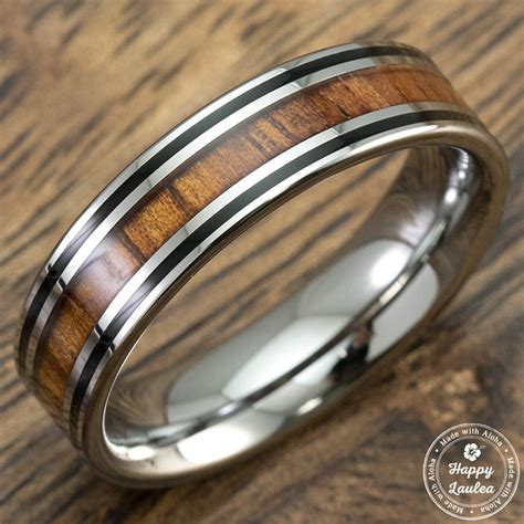 Hawaiian Koa Wood 6mm Tungsten Carbide Ring With Black Enamel Linings Tungsten Carbide Rings