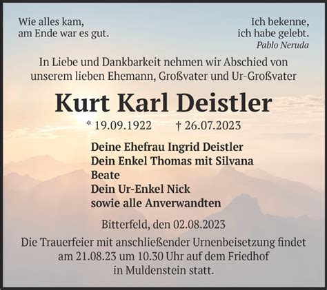 Traueranzeigen Von Kurt Karl Deistler Abschied Nehmen De