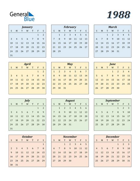 1988 Calendar (PDF, Word, Excel)