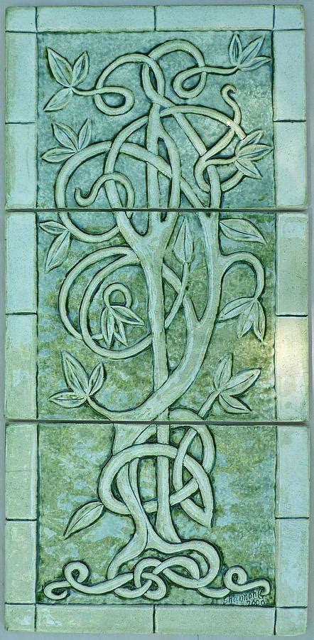 Celtic Tree Of Life Relief Carved Ceramic Tile Set Sculpture By Shannon