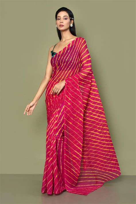 Buy Pink Pure Chiffon Tie Dye Leheriya Pattern Saree With Running