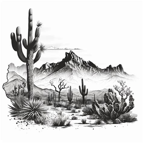 Un Dibujo En Blanco Y Negro De Una Escena Del Desierto Con Rboles De