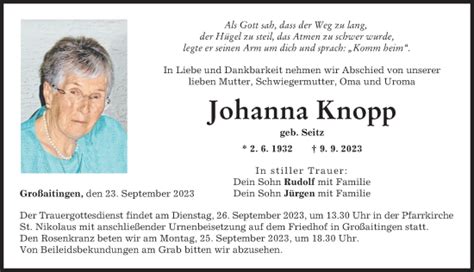 Traueranzeigen Von Johanna Knopp Augsburger Allgemeine Zeitung