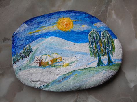 Snow Landscape Hand Painted Rock By Anja Hoppe Egg Painting Stone