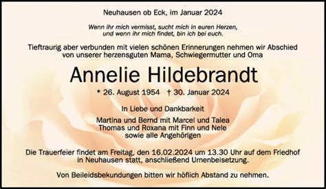 Traueranzeigen Von Annelie Hildebrandt Schwaebische De Trauerportal