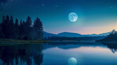 Full Moon Over Lake Moonlight Landscape Night Sky With Stars