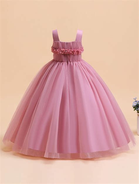 Tween Girl Formal Dress With Tulle And Satin Fabric And 3d Flower Decor