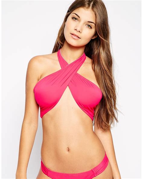 Asos Cross Wrap Halter Bikini Top In Pink Lyst