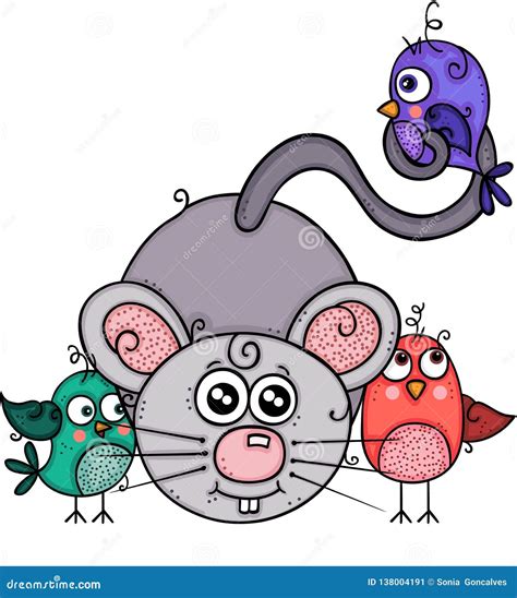 Cute Gray Mouse With Three Birds Stock Vector Illustration Of