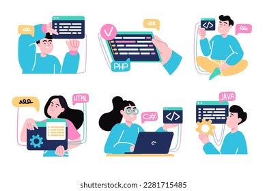 Programming Concept Character Situations Collection Bundle Stock Vector