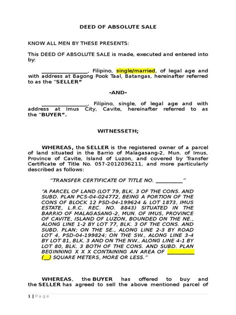 Deed Of Absolute Sale Parcel Of Land Template Notary Public Sales Free 30 Day Trial Scribd