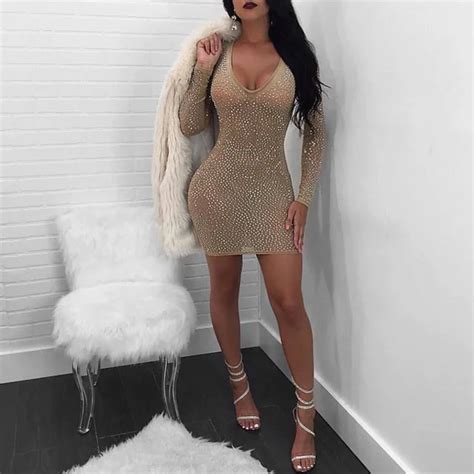 Metal Diamonds Dress Long Sleeve Bodycon Birthday Dress Women Sexy Deep