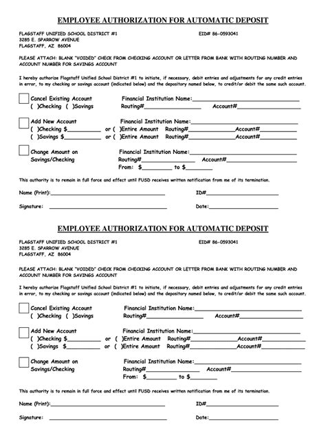 Fillable Online Fusd1 EMPLOYEE AUTHORIZATION FOR AUTOMATIC DEPOSIT Fax