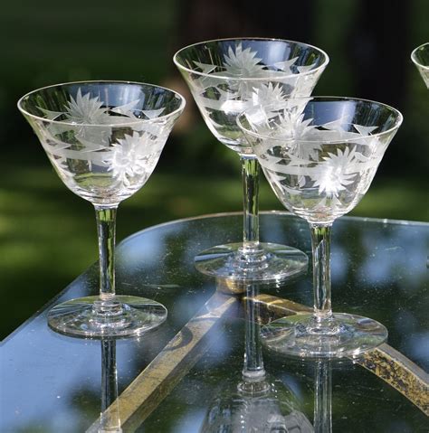 Vintage Etched Cocktail Martini Glasses Set Of Mixologist Craft