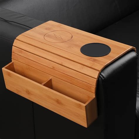 Pj Collection Bamboo Sofa Armrest Tray With Wireless Charging And Non