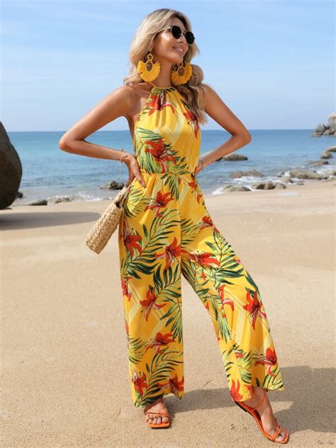 Shein Vcay Tropical Print Halter Neck Wide Leg Jumpsuit Shein Usa