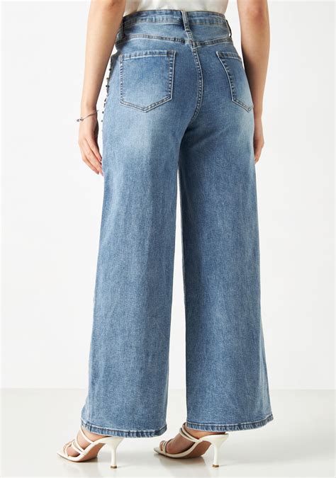 Shop Embellished Wide Leg Jeans With Pockets Online Splash Uae