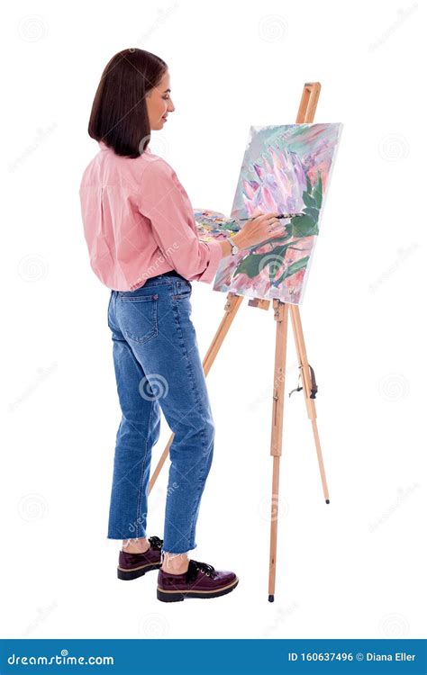 Full Length Back View of Young Woman Artist with Easel, Palette and ...