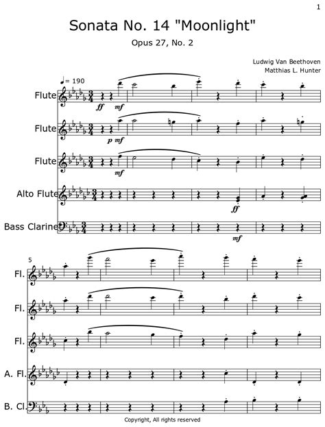 Sonata No 14 Moonlight Sheet Music For Flute Alto Flute Bass